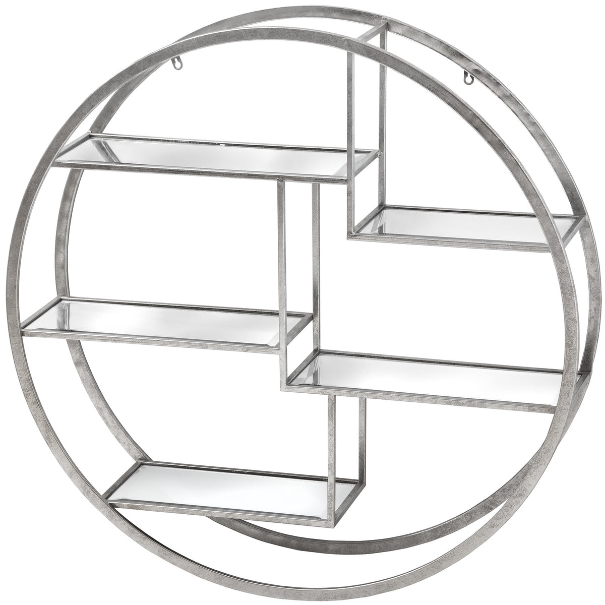 Large round silver wall shelf with mirrored shelves, front view