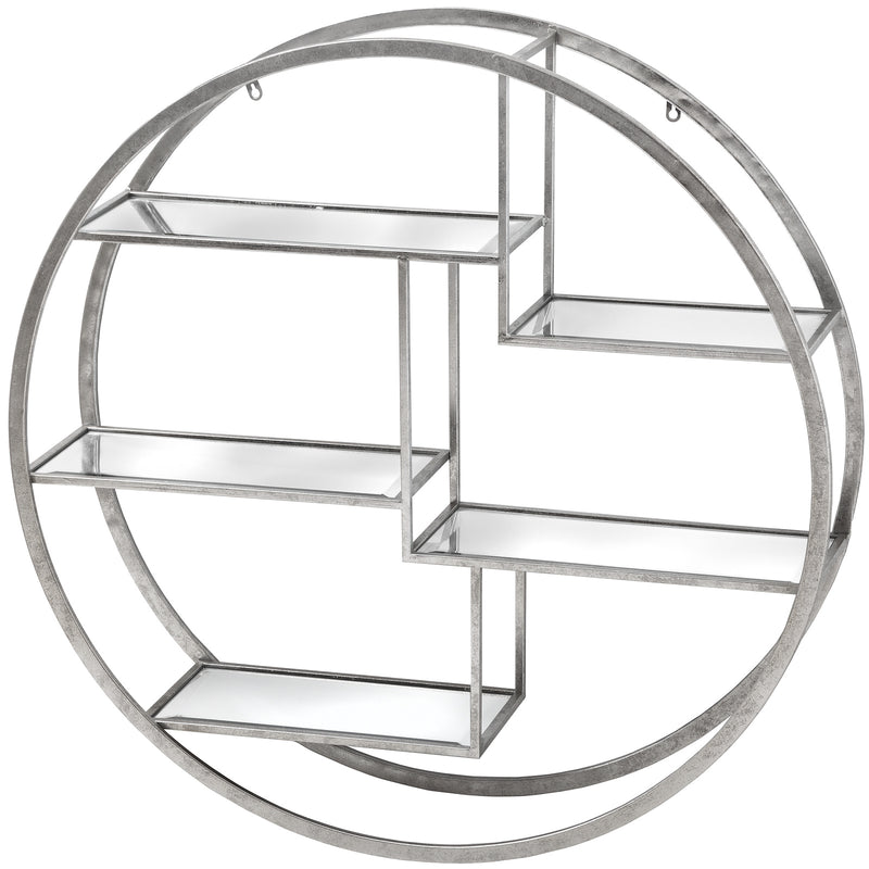 Large round silver wall shelf with mirrored shelves, front view