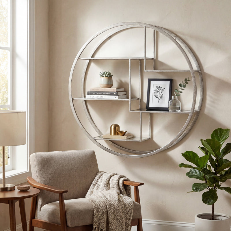 Round silver wall shelf styled with plants and ornaments above an armchair