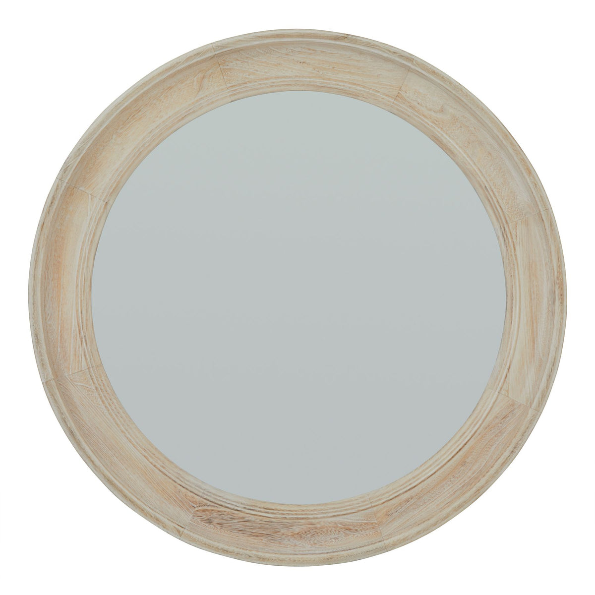 Round washed wood framed mirror, front view