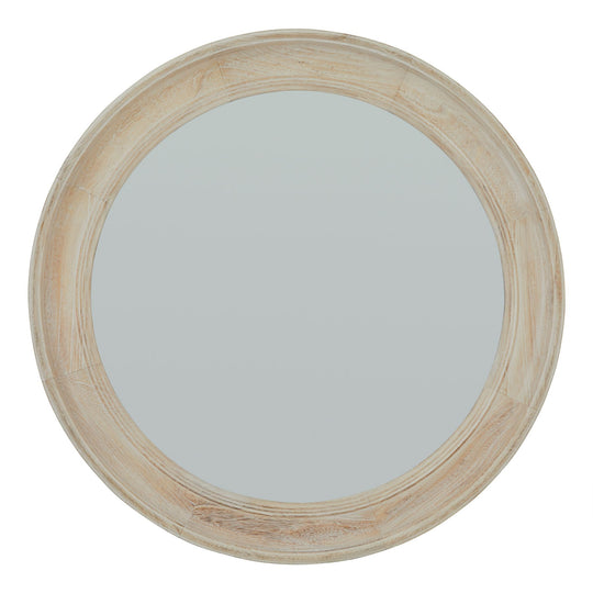 Round washed wood framed mirror, front view