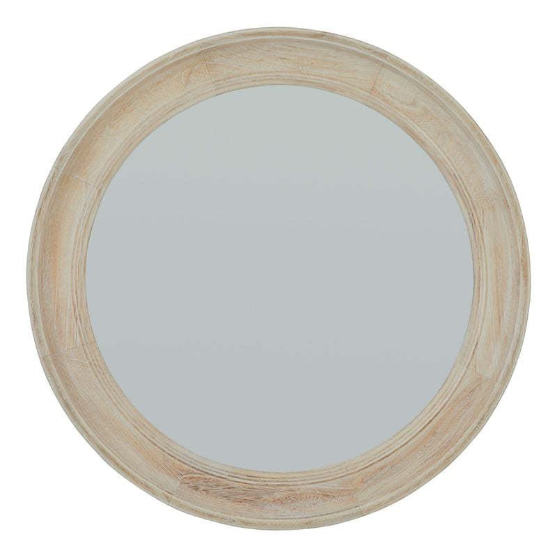 Round washed wood framed mirror, front view