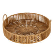 Large round wicker tray with loop handles, viewed from above