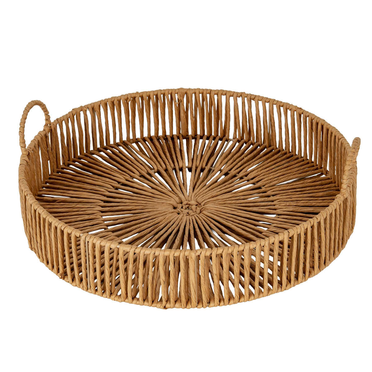 Large round wicker tray with loop handles, viewed from above