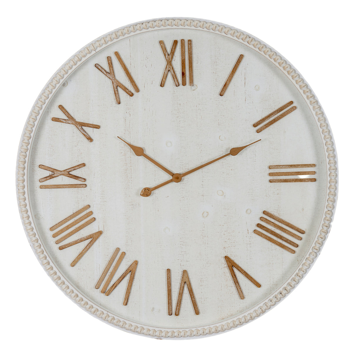 Large rustic white wooden wall clock with beaded frame