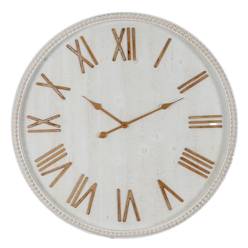 Large rustic white wooden wall clock with beaded frame