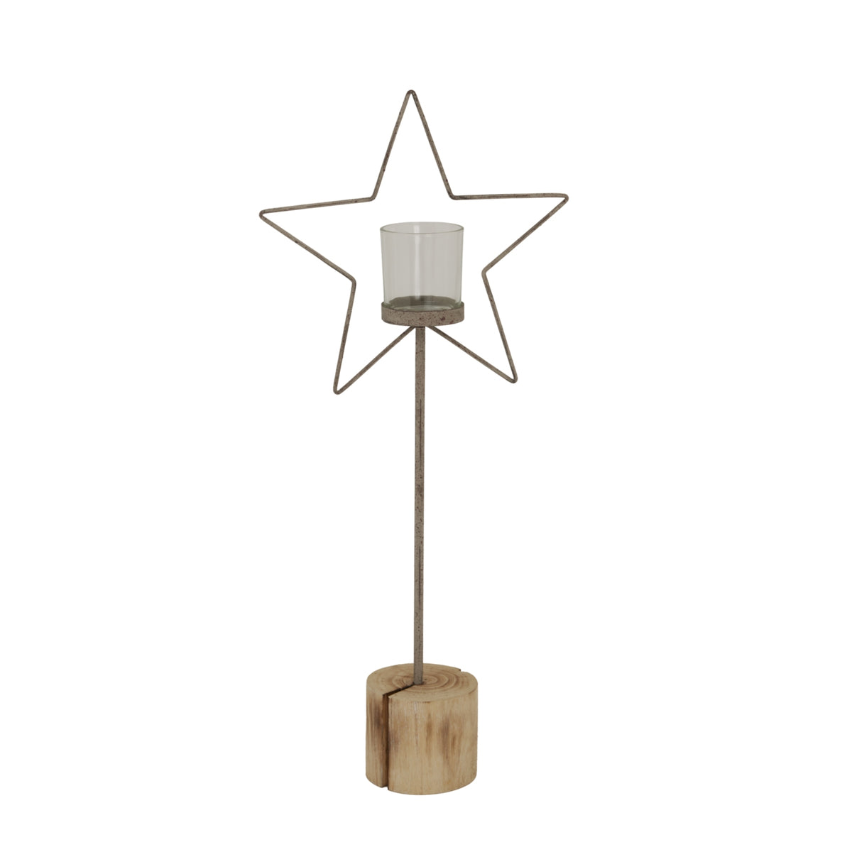Rustic wire star candle holder with glass votive on a wood log stand, full view