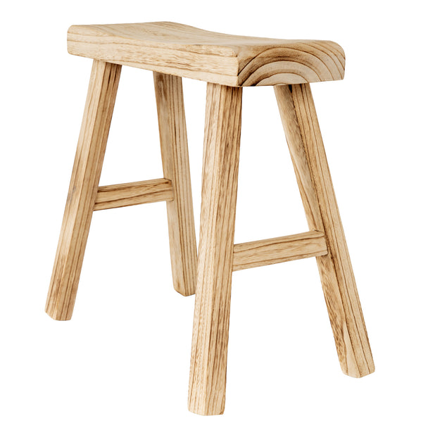 Wooden artisan stool from an angle showing the splayed legs