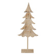 large rustic wooden fir tree on stand on white