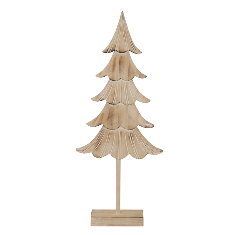 large rustic wooden fir tree on stand on white