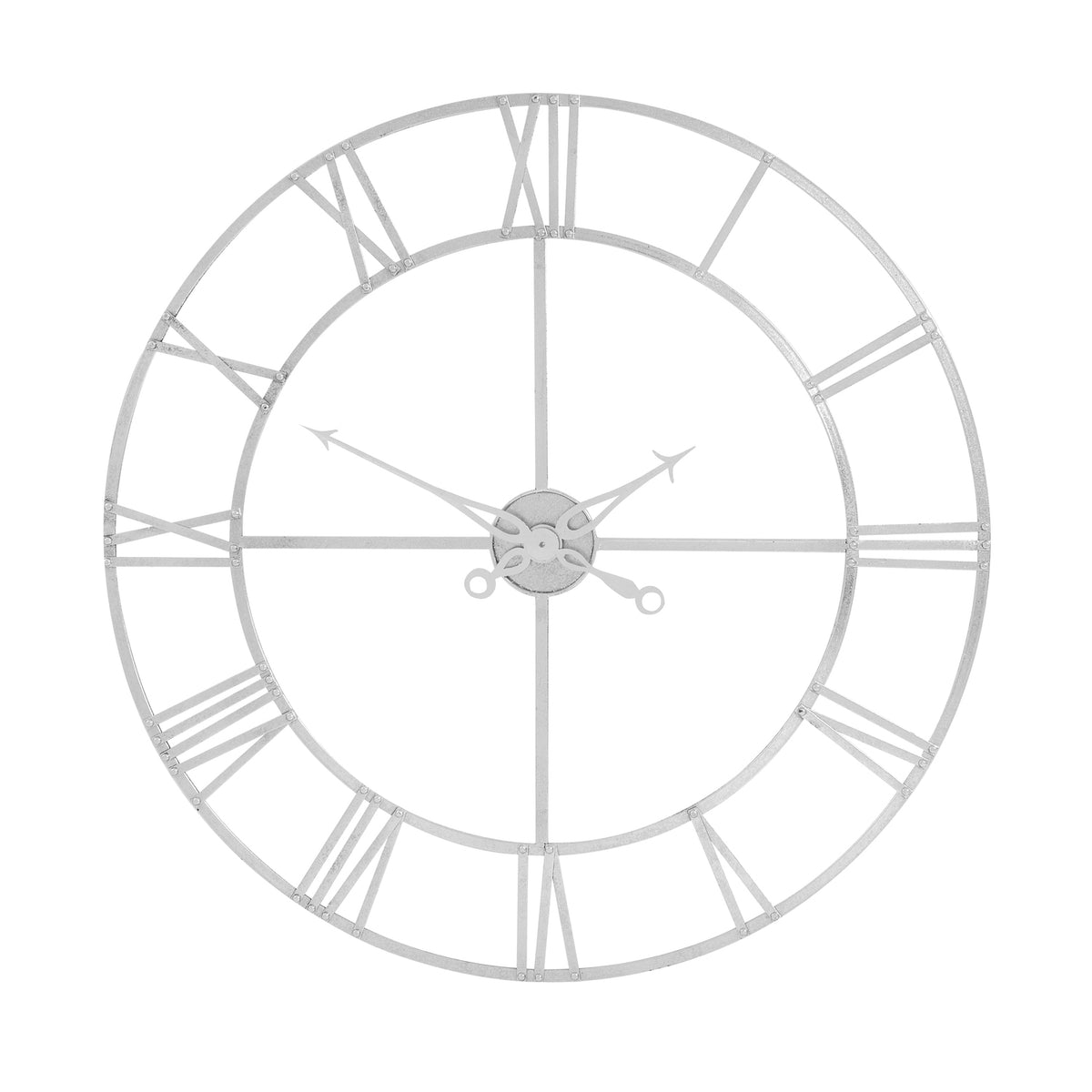 Large silver foil metal skeleton wall clock with Roman numerals