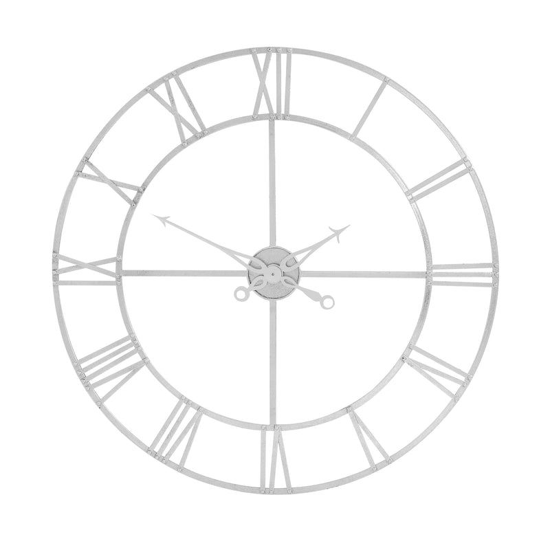 Large silver foil metal skeleton wall clock with Roman numerals