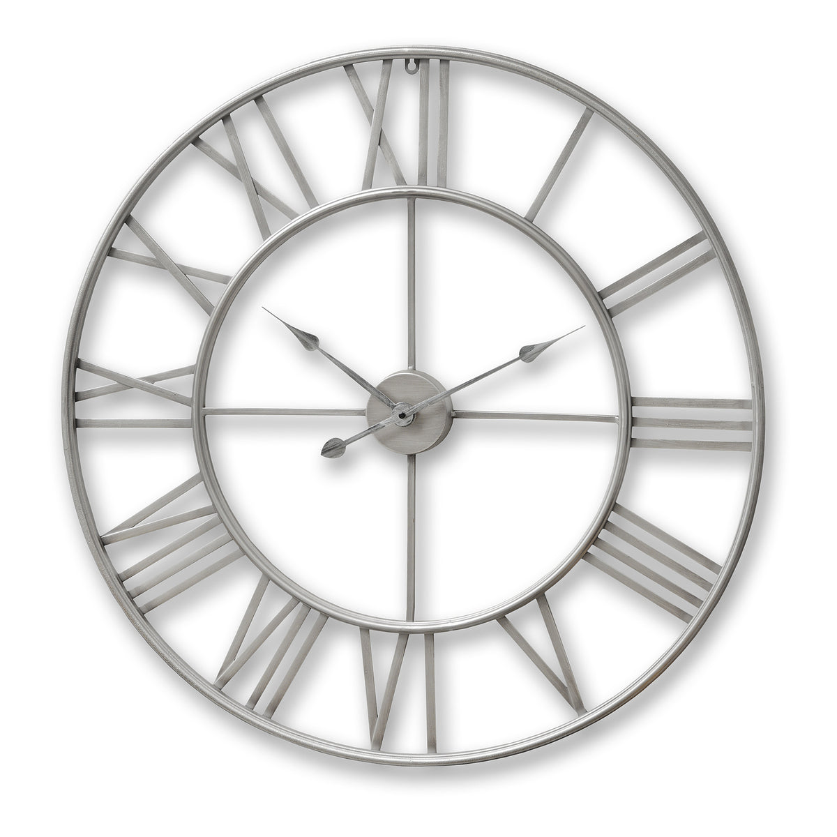 Large silver metal skeleton wall clock with Roman numerals