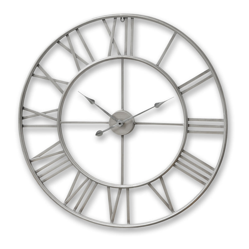 Large silver metal skeleton wall clock with Roman numerals