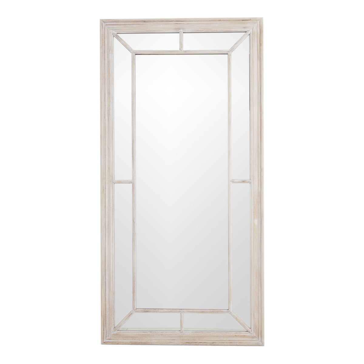 Large whitewashed wood window mirror, front view