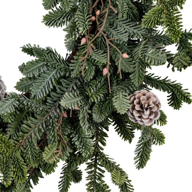 Close-up of frosted pine tips and a pinecone