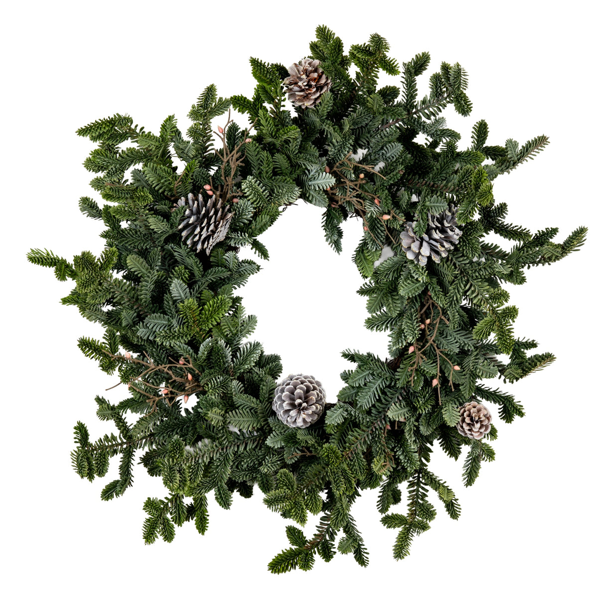 Woodland pine wreath with pinecones on a white background