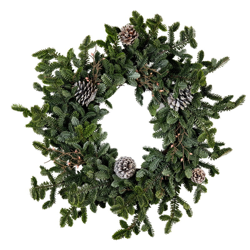 Woodland pine wreath with pinecones on a white background
