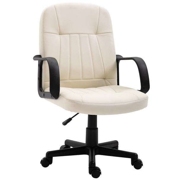Cream white faux leather swivel desk chair with padded high back and armrests