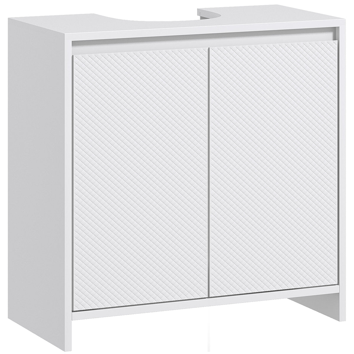 White under sink bathroom cabinet with two diamond-textured doors and U-shaped cut-out