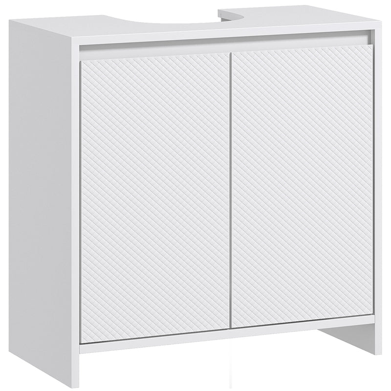 White under sink bathroom cabinet with two diamond-textured doors and U-shaped cut-out