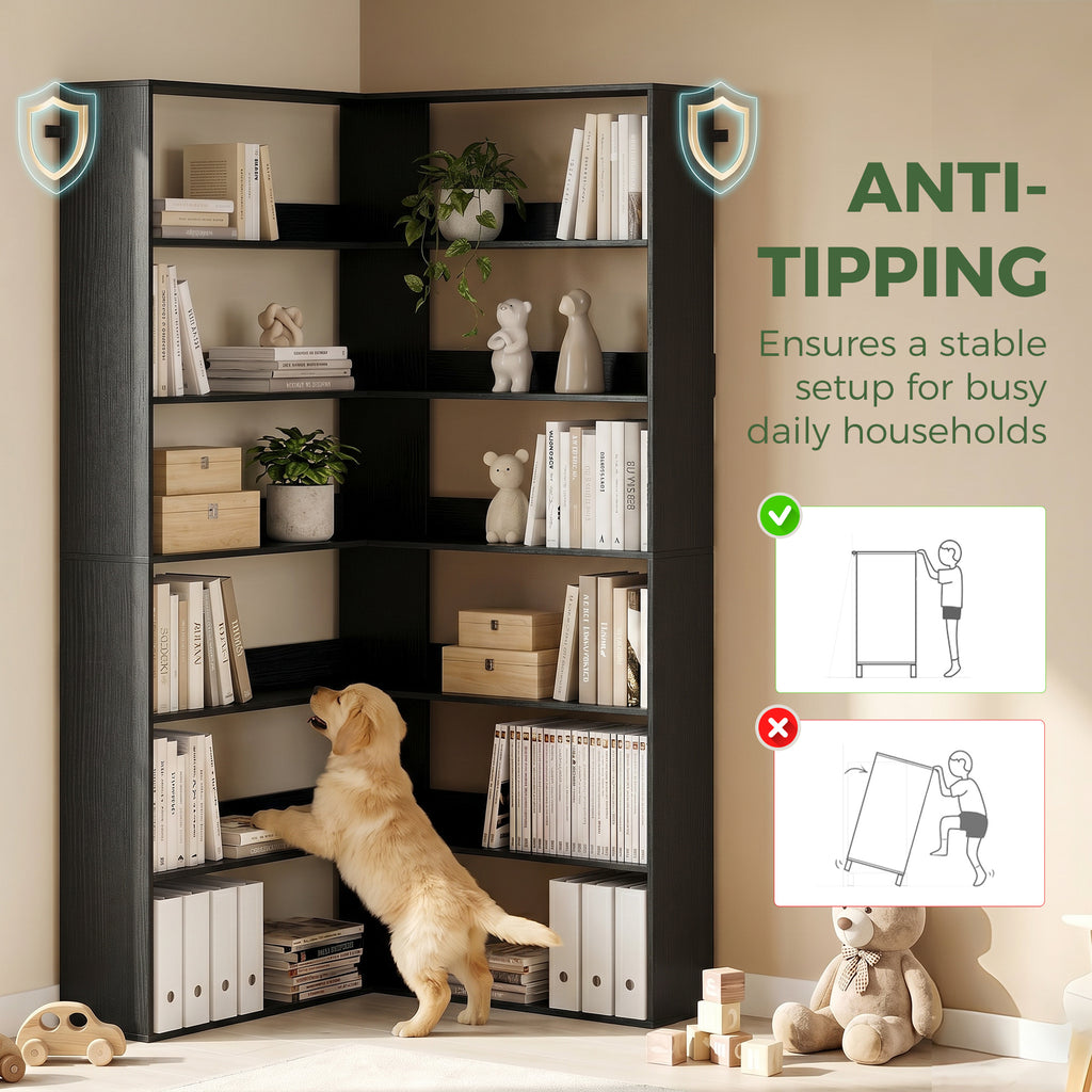 7 Tiers Bookshelf, L-Shaped Corner Bookcase with Anti-Slip Rear Guard, Black Wood Effect