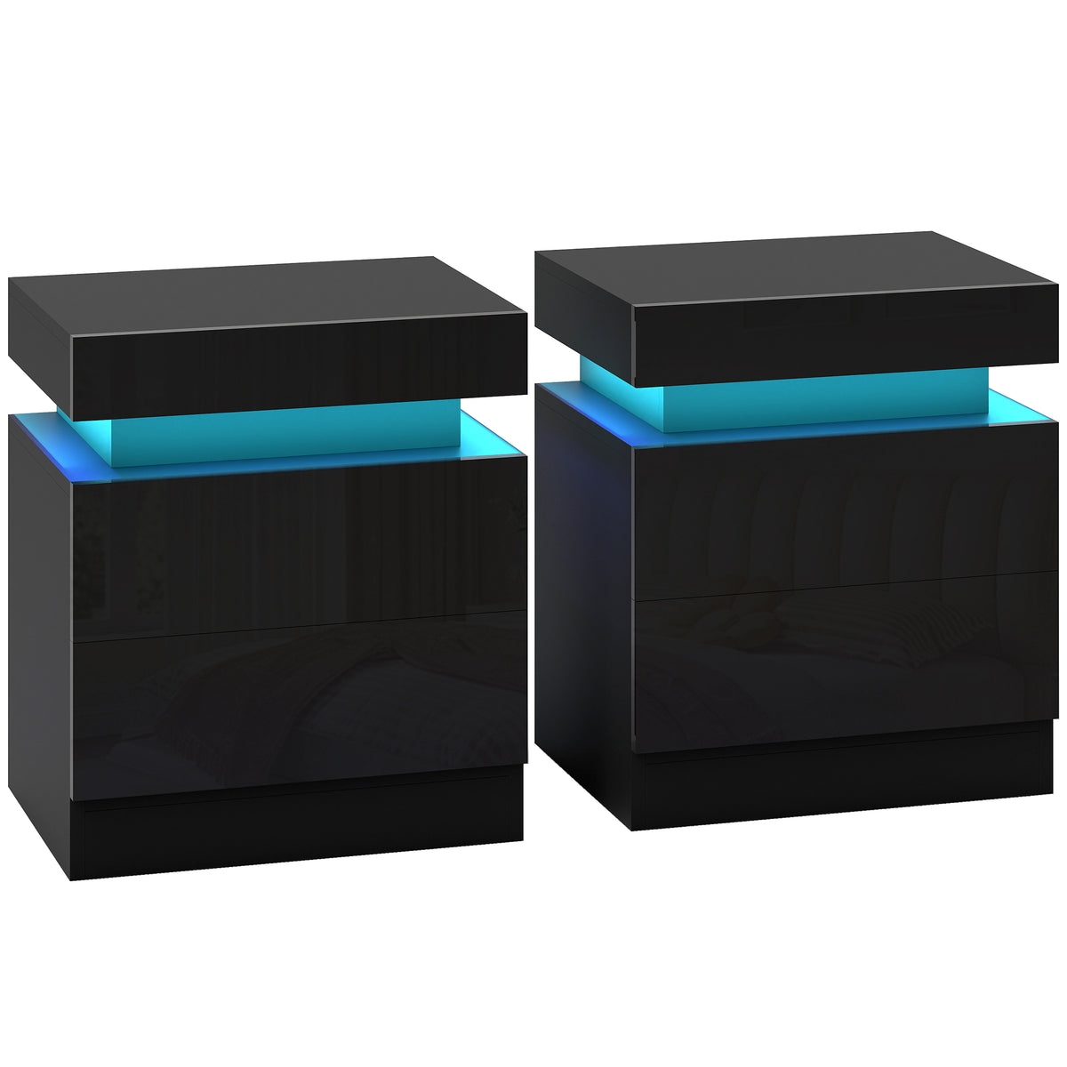 Set of 2 black bedside tables with 2 drawers, high gloss front and colour-changing LED light