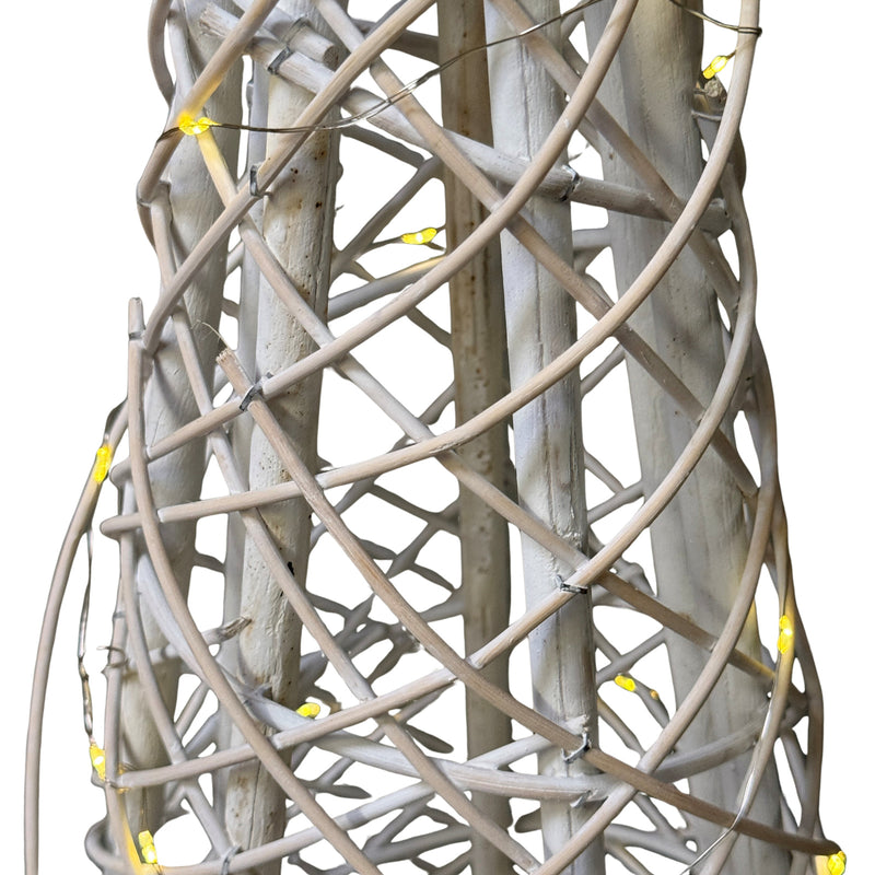 close-up of the wicker weave with warm LED lights