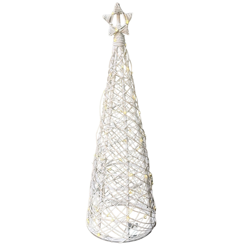 LED whitewashed wicker Christmas tree with star, lit, on white