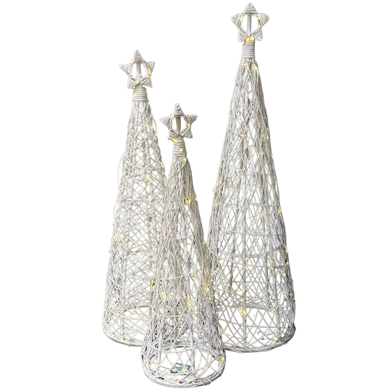 three wicker LED trees in different sizes, others sold separately