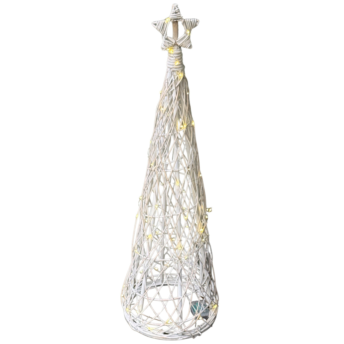 Wicker cone Christmas tree with star topper and LED lights on white