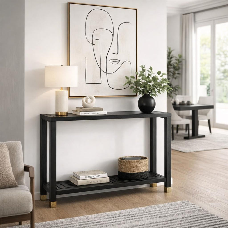Lennox console in a hallway with a lamp and plant