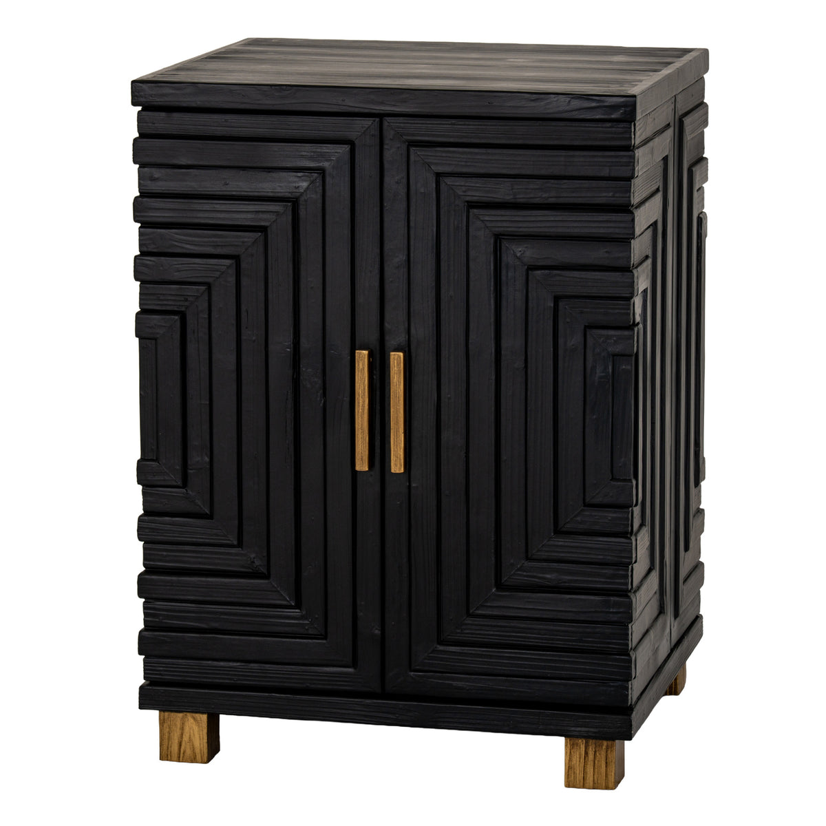 Lennox black geometric two-door cupboard, three-quarter view