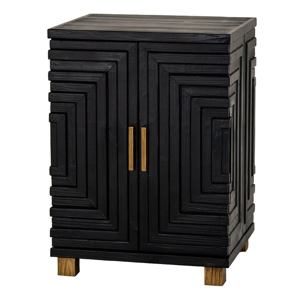 Lennox black geometric two-door cupboard, three-quarter view