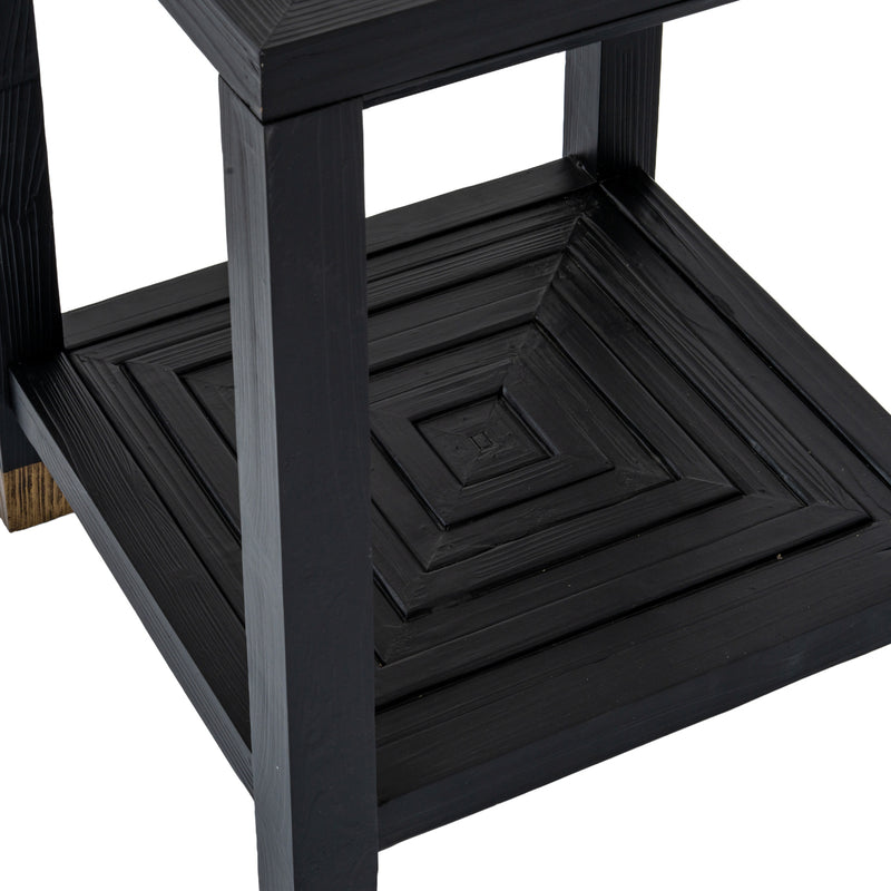 close-up of the geometric carved lower shelf