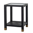 Lennox black side table with glass top, three-quarter view