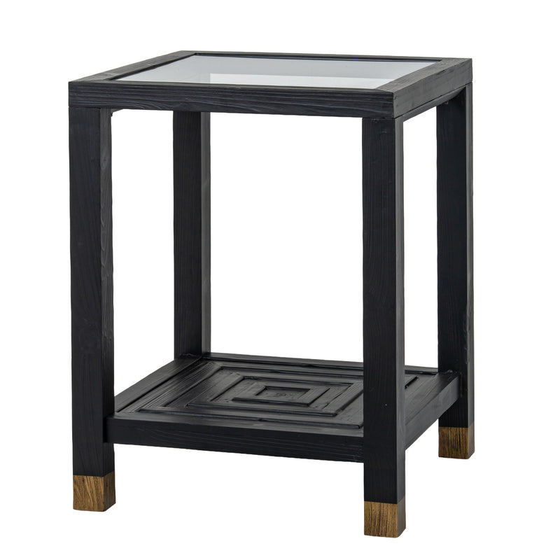 Lennox black side table with glass top, three-quarter view