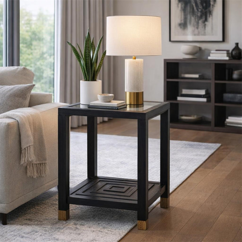 Lennox side table beside a sofa with a table lamp