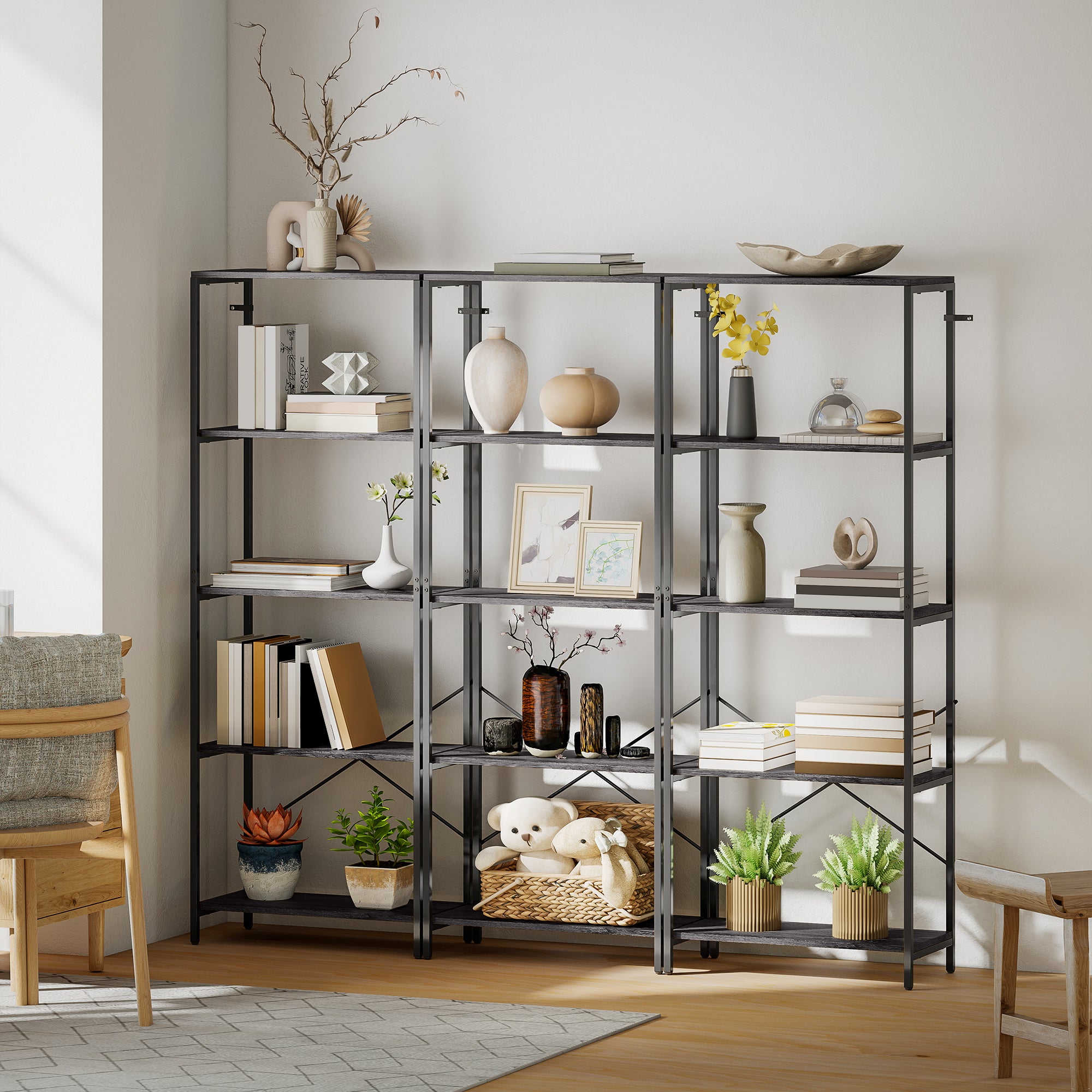 5-Tier Bookshelf, Industrial Bookcase with Metal Frame - Dark Grey and Black