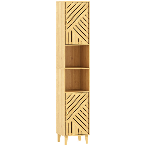 Tall slim bathroom cabinet with cut-out bamboo doors, bamboo legs and open middle shelves