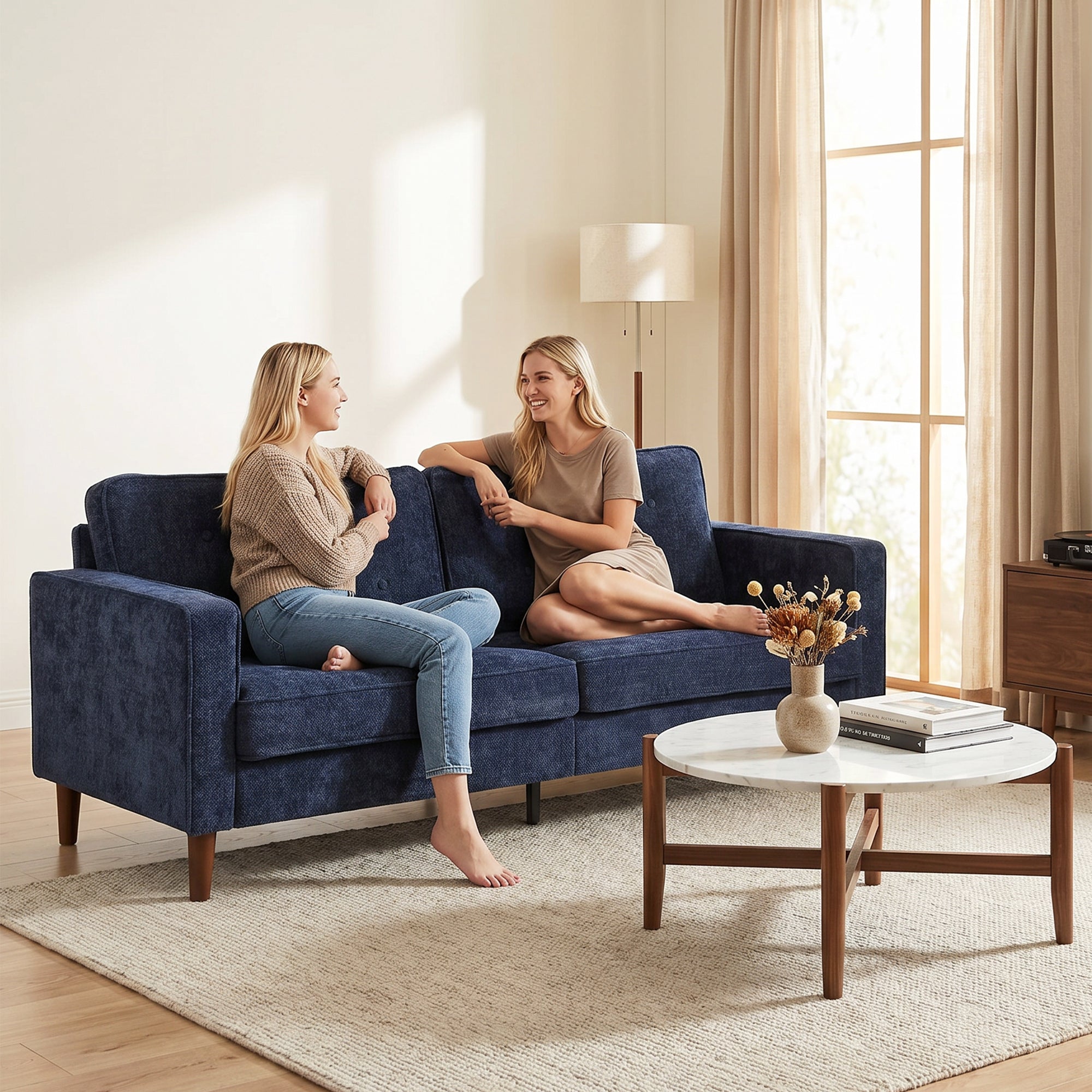 3 Seater Sofa Button Tufted Upholstered Couch with Wood Legs for Living Room, Dark Blue