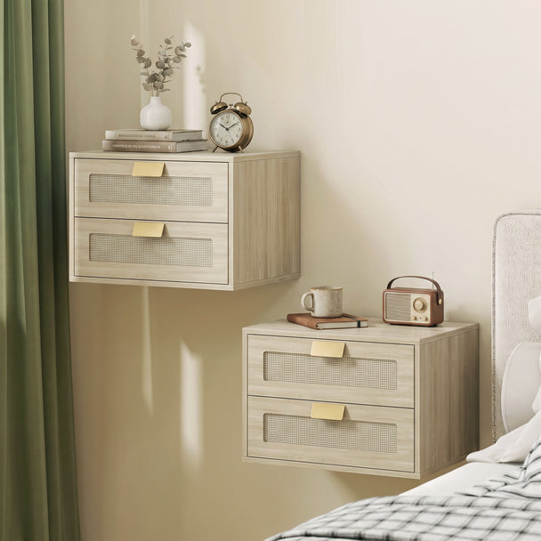 HOMCOM Modern Floating Nightstands Set of 2, Wall Mounted Bedside Tables with 2 Drawers, Oak – view 2