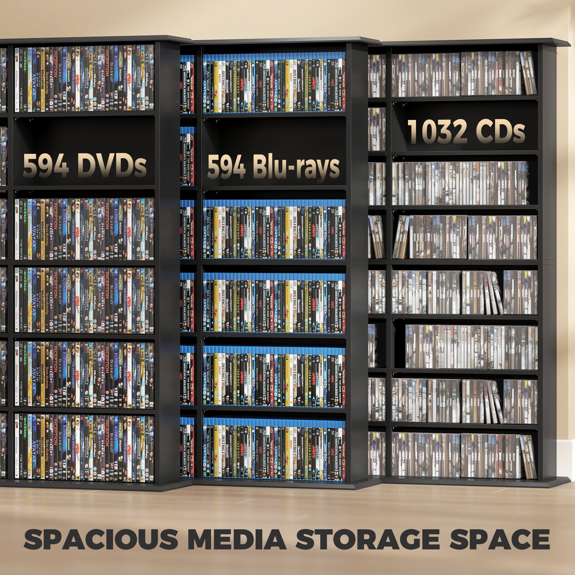 1032 CD/594 DVD Storage Unit, Blu-ray Media Storage Shelf with 24 Compartments and 18 Adjustable Shelves, Black
