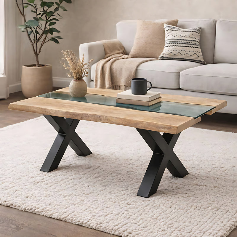 Acacia river coffee table in a living room with a cream sofa