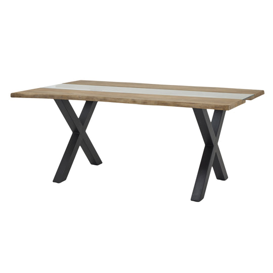 Light acacia river dining table with black X legs, side view