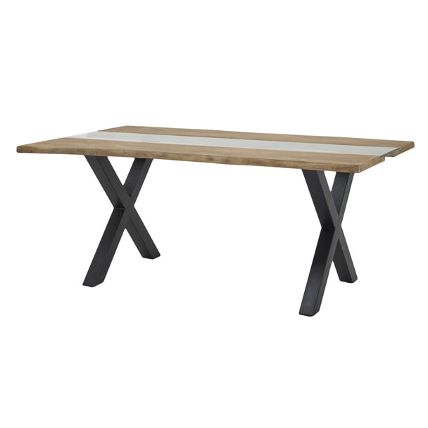 Light acacia river dining table with black X legs, side view