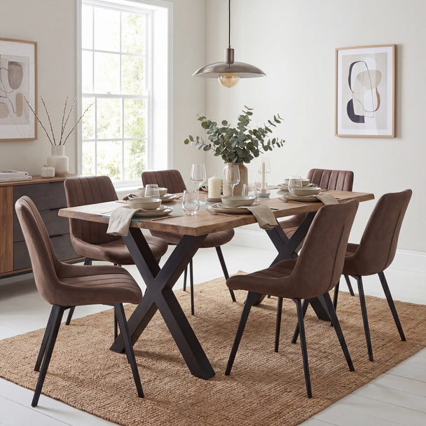 Acacia river dining table with brown chairs in a dining room
