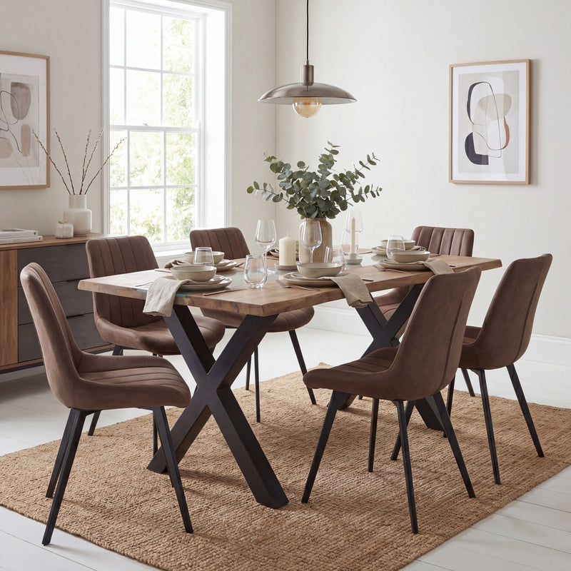 Acacia river dining table with brown chairs in a dining room