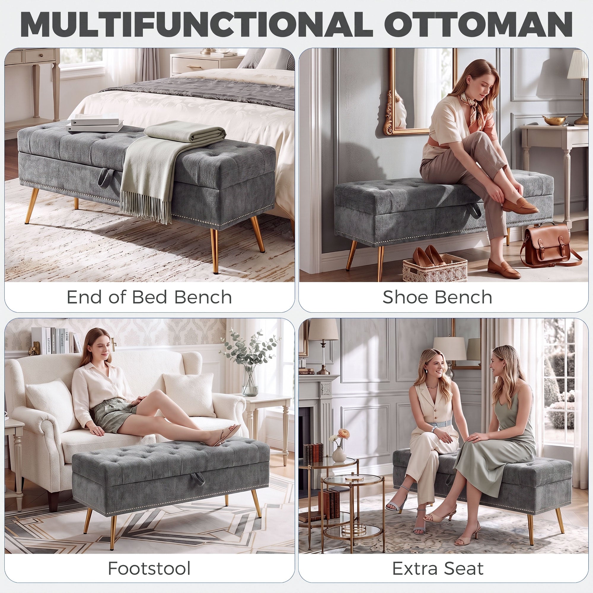 Storage Ottoman, Chenille Upholstered Ottoman Storage Box with Padded Seat, Metal Legs, 114 x 41 x 45 cm, Grey