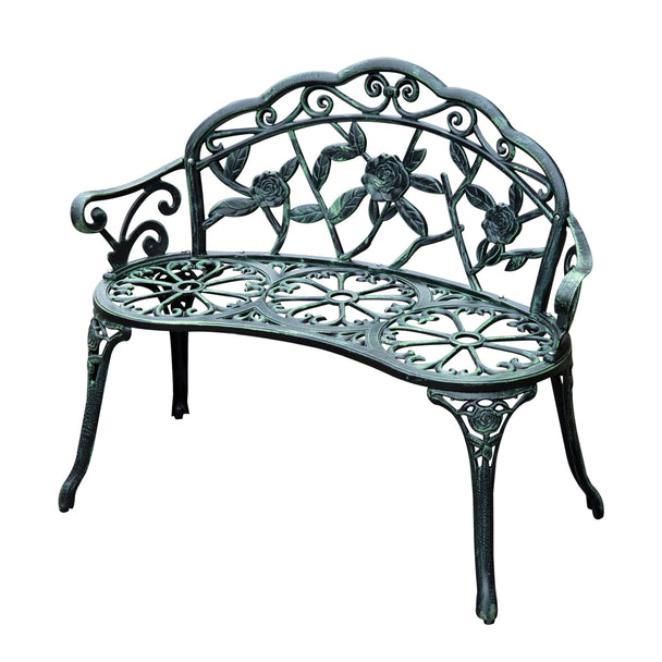 Antique green cast aluminium garden bench with ornate rose pattern back